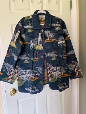Vintage Blair Nautical Tapestry Jacket - Lighthouse Print in Navy & Green